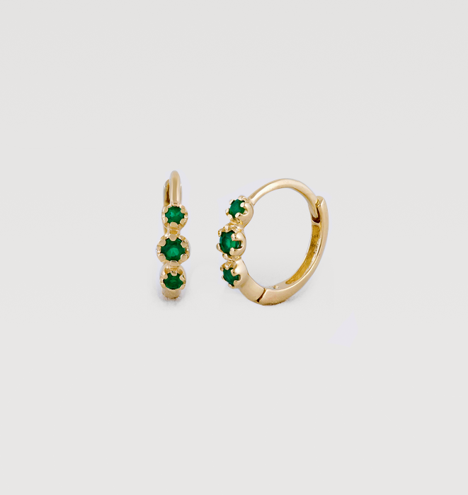 Small hinged solid gold earrings set with three green onyx stones