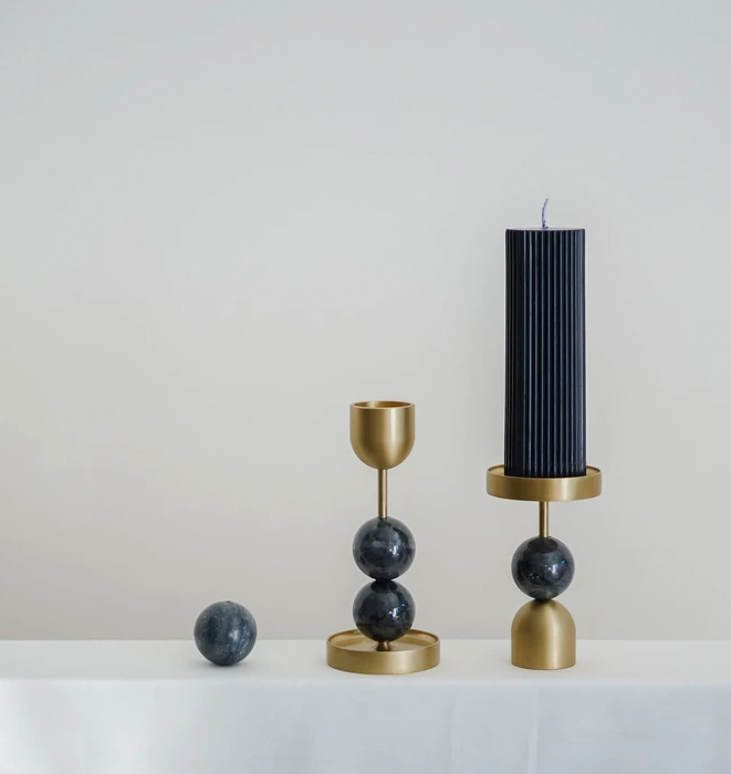 Beaded Fountain Brass Candle Holder - Charcoal Medium