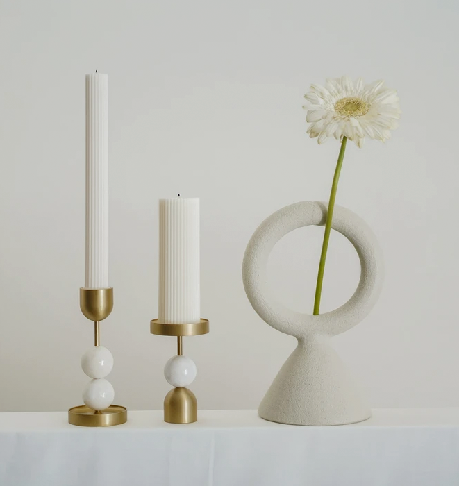 Beaded Fountain Brass Candle Holder - White Medium