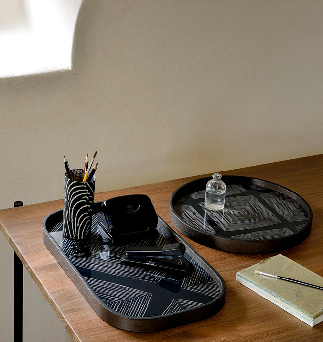 Ink Linear Squares Glass Valet Tray - Round