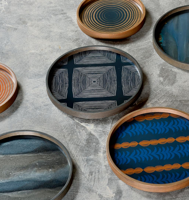 Ink Linear Squares Glass Valet Tray - Round