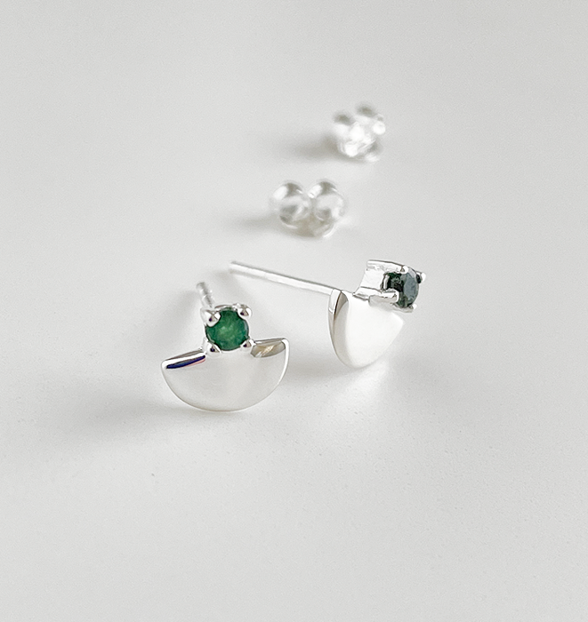 Silver Half Moon Studs - Emerald